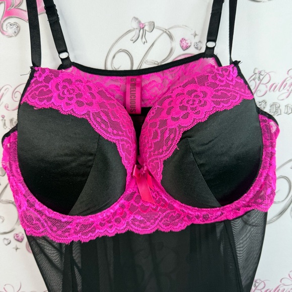 B delicious mini dress Sheer Black Chemise with Pink Lace Trim Elegant Nightwear - Picture 5 of 15